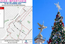 Anuncian cambio temporal de rutas por encendido del Árbol Navideño
